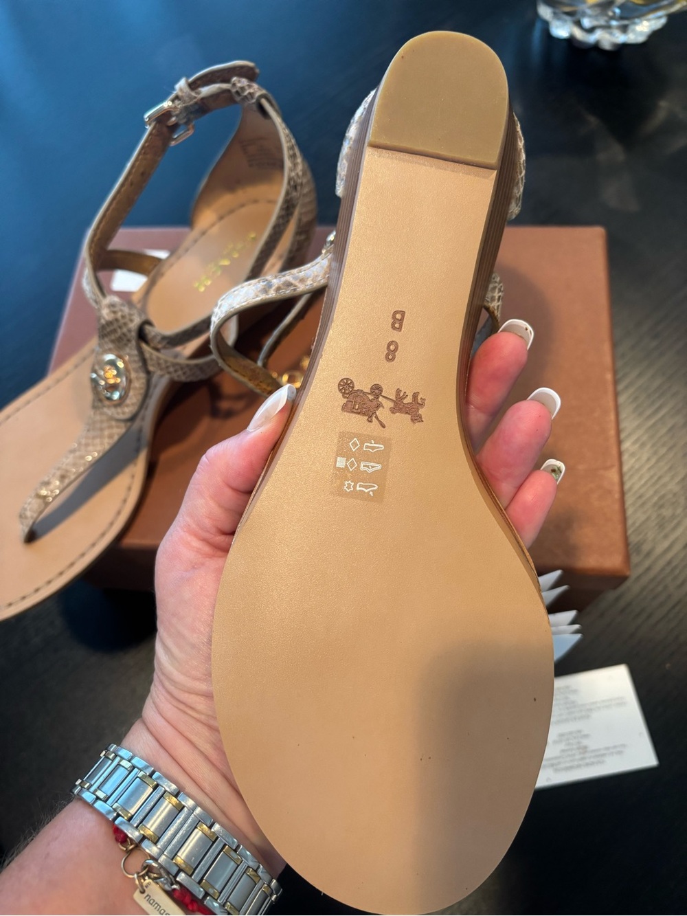Coach Ingrid Tan Snakeskin-Print Thong Wedge Sandals with Gold Turnlock - Picture 5 of 9